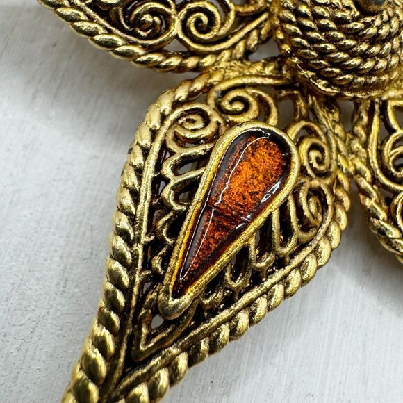 Vintage Filigree Etruscan Style Star Flower Brooch Orange Enamel Fall Autumn - Picture 5 of 7